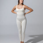 SEAMLESS RIBBED SUNSET LONG ONESIE — CREAM