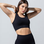 SEAMLESS RIBBED SUNSET BRA TOP — BLACK