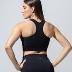SEAMLESS RIBBED SUNSET BRA TOP — BLACK